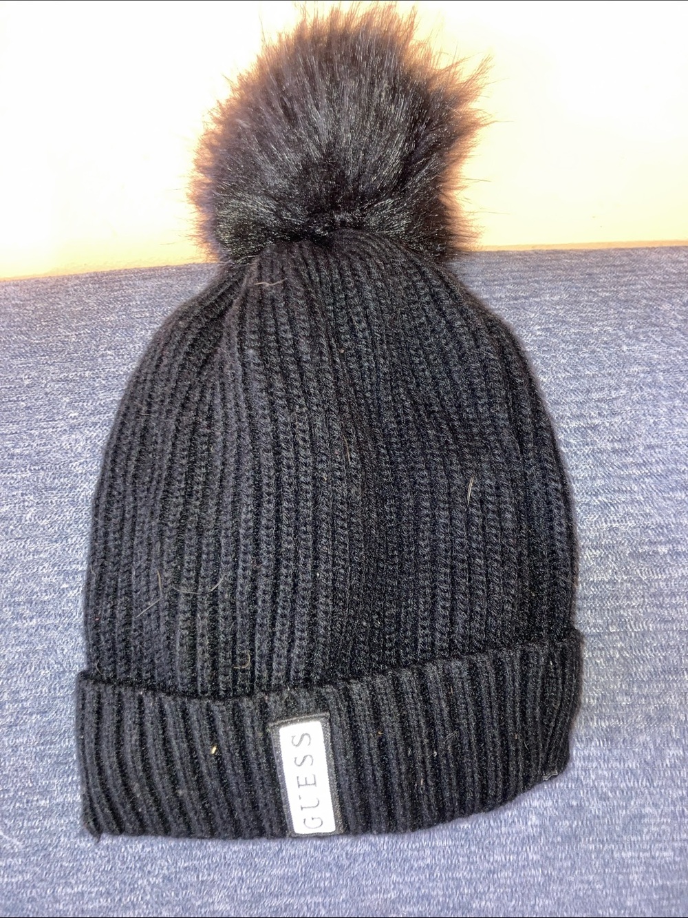 Guess Black Ribbed Knit Pom-Pom Beanie